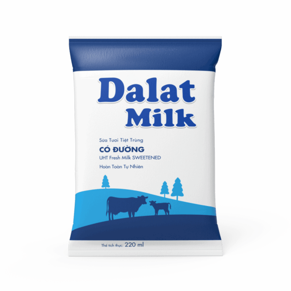 Bịch sữa Dalat Milk Có Đường 220ml trên nền trắng