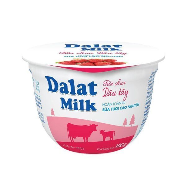 Hũ Sữa Chua Ăn Dalat Milk Dâu Tây 100g trên nền trắng