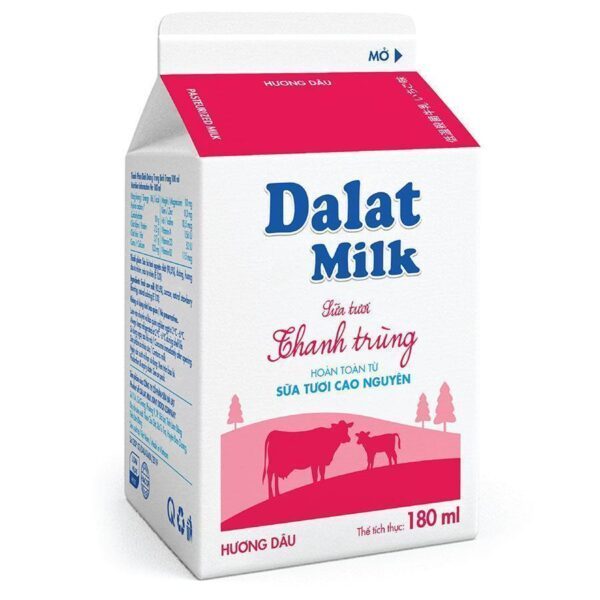 hộp Sữa Thanh Trùng Dalat Milk Dâu 180ml trên nền trắng
