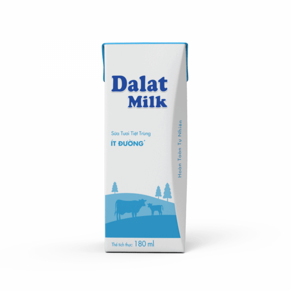 Hộp sữa Dalat Milk Ít Đường 180ml trên nền trắng