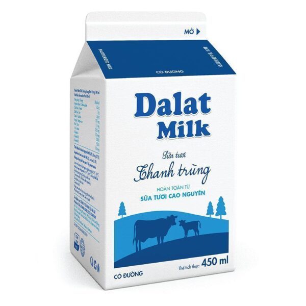 Hộp sữa Dalat Milk Có Đường 450ml trên nền trắng