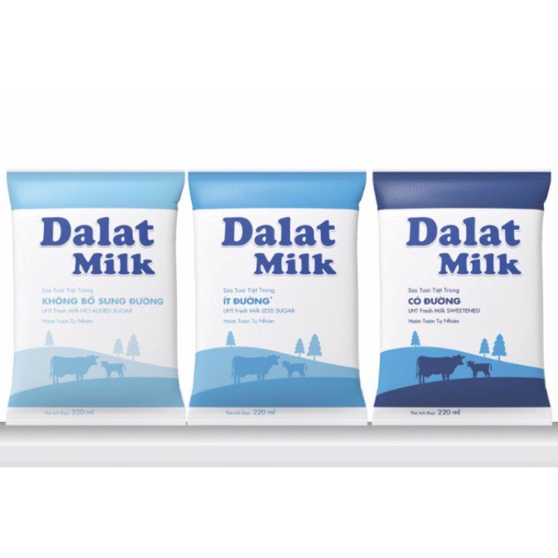 3 bịch sữa tiệt trùng dalatmilk dung tích 220ml, Vị tự nhiên không đường, vị ít đường, vị có đường.