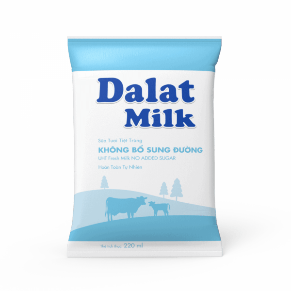 1 Bịch Sữa Tiệt Trùng Dalat Milk Không Đường 220ml trên nền trắng
